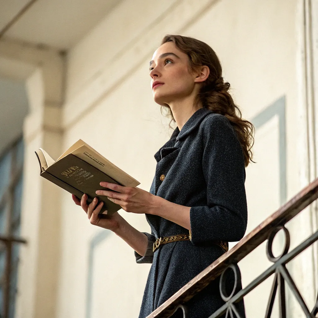 Sophie standing with a book in hand